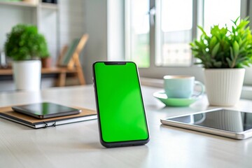 A green tablet sits on a table in front of a potted plant