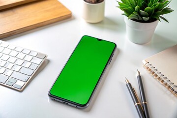 A green tablet sits on a table in front of a potted plant