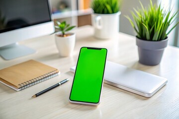 A green tablet sits on a table in front of a potted plant