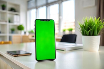 A green tablet sits on a table in front of a potted plant