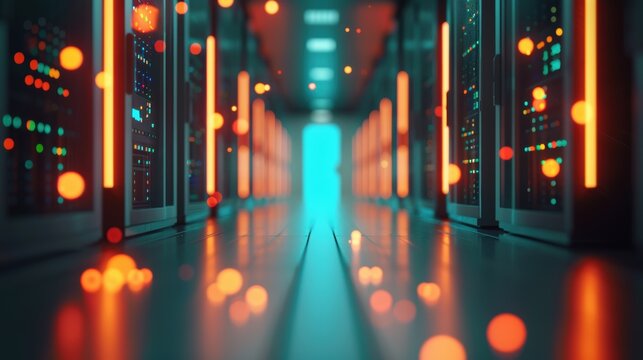 A secure server room with rows of blinking lights on network equipment, representing the backbone of network infrastructure and cybersecurity systems.