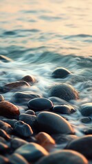 Obraz premium Smooth, wet stones on a beach with soft waves washing over them at sunrise.