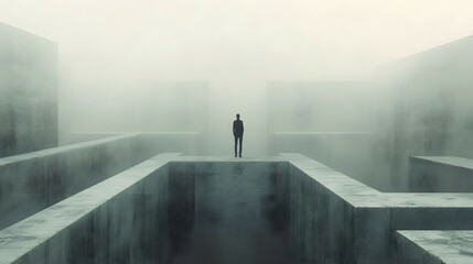 Man Standing on a Platform in a Foggy Maze