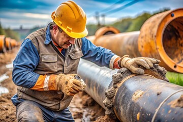 A man in a yellow hard hat is working on a pipe