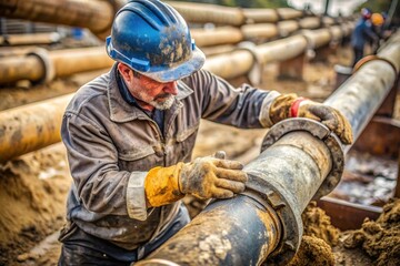 A man in a yellow hard hat is working on a pipe