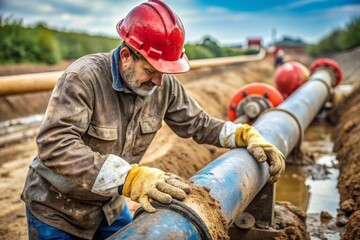 A man in a yellow hard hat is working on a pipe