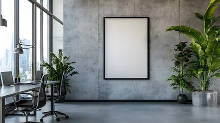 Empty poster frame in a modern office interior on a concrete wall, with natural light from windows.