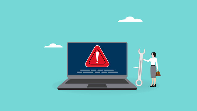 problem solving, businesswoman carrying a big key to fix problems with a computer laptop outage, technical support concept, IT expert, problem solving skill, solution concept