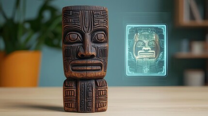 4 Hand-carved wooden totem next to a digital hologram of the same design, symbolizing the intersection of ancient art and futuristic creativity