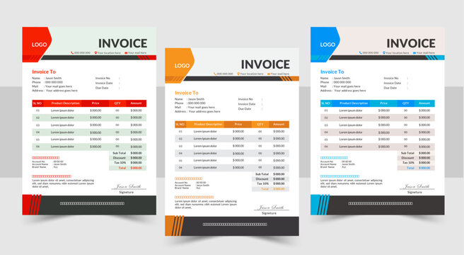 A bundle of 3 templates of a4 invoice design. Simple and creative modern corporate clean design. Invoice design template vector illustration bill form price invoice.
