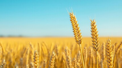 Fototapeta premium Wheat field in the morning, blue sky, hardest seasonal