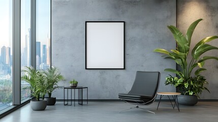 Empty poster frame in a modern office interior on a concrete wall, with natural light from windows.