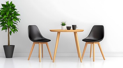 A sleek wooden table and black chairs bring warmth and style to a modern living space.