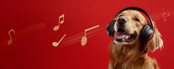 Golden Retriever Dog Listening to Music with Headphones