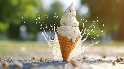 Ice Cream Cone Splashing in Water with Sprinkles