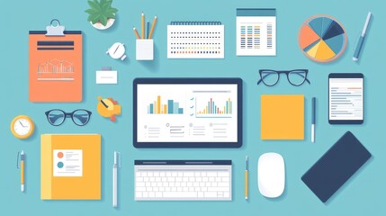 Smart project management tools for remote teams, flat design, top view, tech productivity theme, animation, Split-complementary color scheme