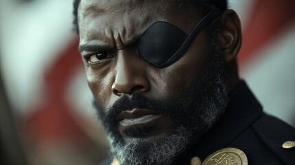 Obraz premium Close-Up of a Proud African American Veteran with Eye Patch Wearing Medal of Honor, Standing Before a Flag