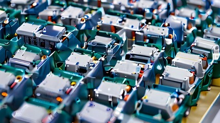 Obraz premium Aerial View of Industrial Batteries Organized in Rows, Representing Renewable Energy Storage and Power Solutions