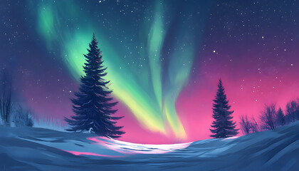 Naklejka premium The Northern Lights illuminating the night sky with shades of green, pink, and purple over a snow-covered landscape