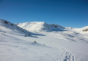 Snow Covered Mountain Landscape with Footprints