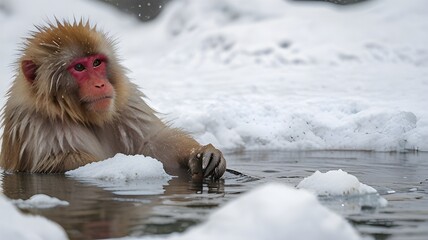 Obraz premium Japanese Snow Monkey in a Snowy Landscape, Enjoying a Hot Spring During Wintertime