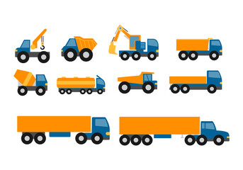 Construction truck icon flat style. collection of isolated cartoon illustrations