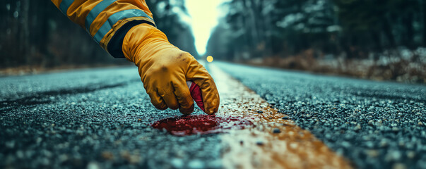 Close-up of a gloved hand touching a red liquid on a deserted road, highlighting winter atmosphere and potential accident scene.