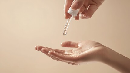 Hands applying a droplet from a dropper on a beige background, emphasizing precise personal healthcare.