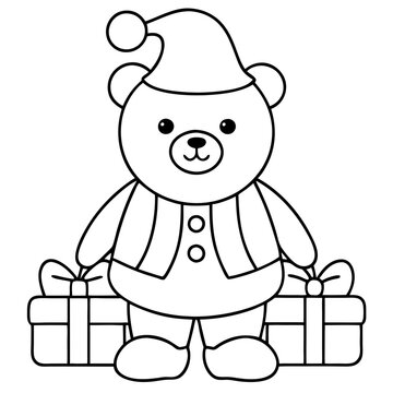 recommend clip art: Cute Christmas Bear with Gifts: A charming black and white illustration of a teddy bear dressed in a Santa hat and vest, standing beside two festively wrapped presents. Perfect for holiday crafts, col