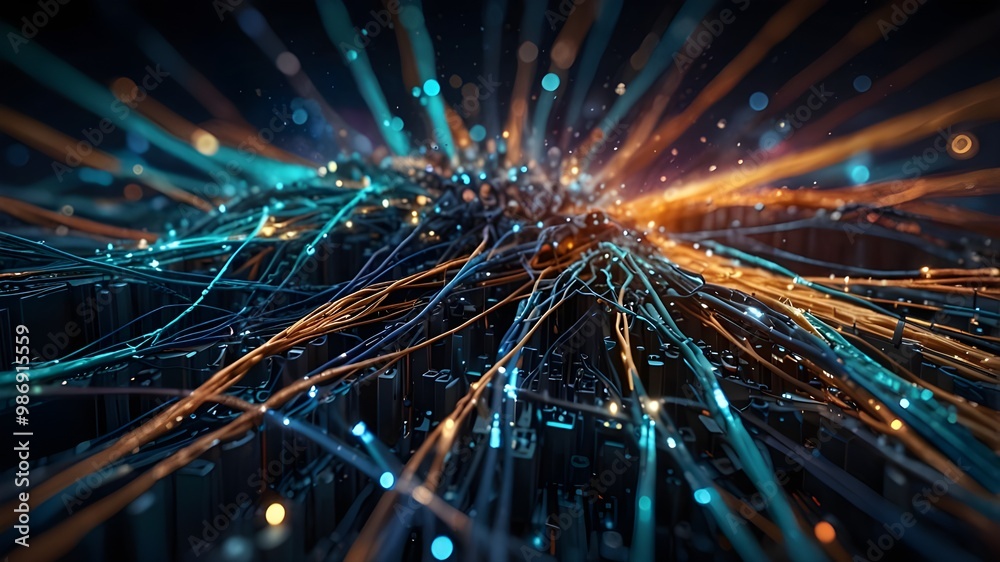 Poster dynamic visualization of interconnected glowing lights symbolizing the flow of information in a digi