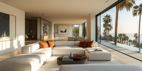 Wohnzimmer eines luxuri&ouml;sen, minimalistischen, modernen Hauses, wei&szlig;e W&auml;nde und helle Holzb&ouml;den, ein modernes, elegantes Sofa mit Akzentkissen in Terrakotta, dezente Farbe