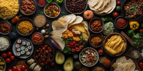 Fototapeta premium An assortment of colorful traditional dishes including sushi, pasta, and vegetables beautifully arranged together.