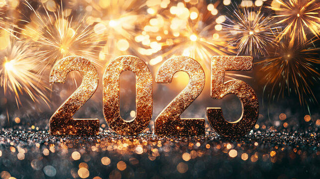 Celebrating 2025. Glittering 2025 sign with fireworks and bokeh lights