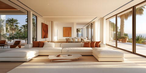 Wohnzimmer eines luxuriösen, minimalistischen, modernen Hauses, weiße Wände und helle Holzböden, ein modernes, elegantes Sofa mit Akzentkissen in Terrakotta, dezente Farbe