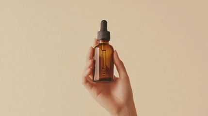 Naklejka premium Elegant hand holding a brown dropper bottle on a beige backdrop, symbolizing refined skincare or health solutions.