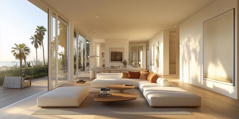 Wohnzimmer eines luxuriösen, minimalistischen, modernen Hauses, weiße Wände und helle Holzböden, ein modernes, elegantes Sofa mit Akzentkissen in Terrakotta, dezente Farbe