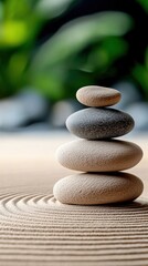 Stacked stones on a tranquil sand surface, symbolizing balance and serenity, with blurred green background.