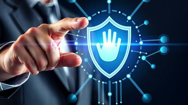 businessman touching icon of shield with fingers on virtual screen. Secure cyber security protection against hacking attack, network encryption, and virus fraud in technology cyberspace.