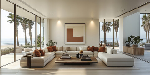 Fototapeta premium Wohnzimmer eines luxuriösen, minimalistischen, modernen Hauses, weiße Wände und helle Holzböden, ein modernes, elegantes Sofa mit Akzentkissen in Terrakotta, dezente Farbe