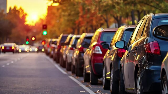 Cars parked in a row on the city street at sunset. Urban scene of stationary vehicles, roadside parking, and traffic safety at dusk in modern transportation background.