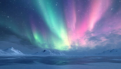 The Northern Lights illuminating the night sky with shades of green, pink, and purple over a snow-covered landscape