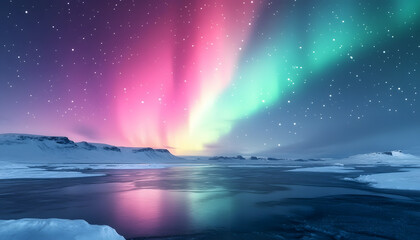 Fototapeta premium The Northern Lights illuminating the night sky with shades of green, pink, and purple over a snow-covered landscape