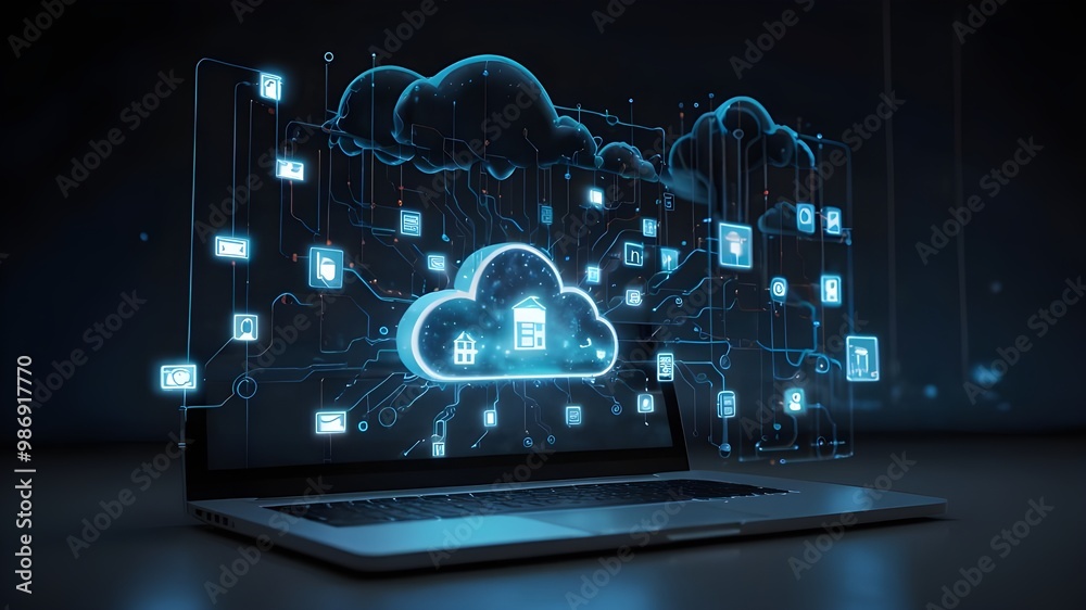 Poster digital cloud icons and data visualization display on screen, ideal for networking and data manageme