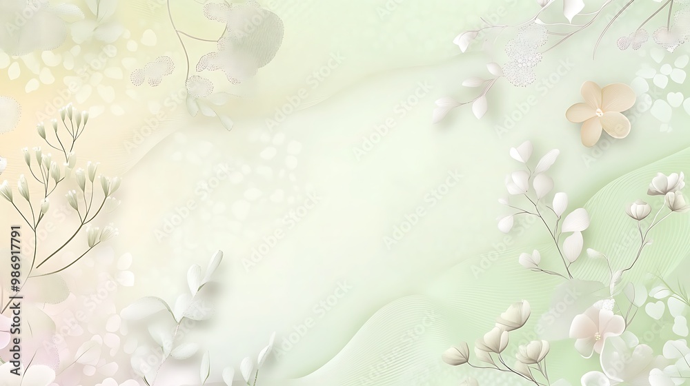 Poster a soft, pastel background with delicate white and peach floral designs on a green and yellow gradien