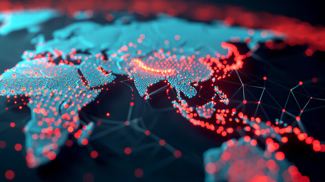Digital world map, data connections, top view, illustrating global connectivity, futuristic tone, Vivid