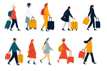 Stylized travelers walking with luggage in a colorful illustration