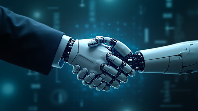 Digital robot handshake human background futuristic digital age robot science digital technology business hand robot handshake artificial intelligence digital transformation