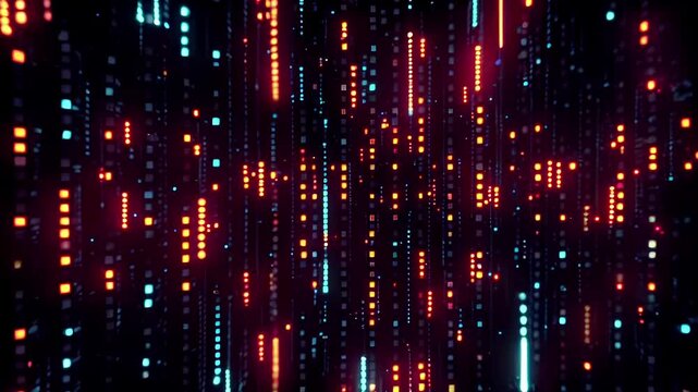 Abstract technology background with glowing lines and dots. Futuristic digital network in cyberspace. Modern matrix flowing data, in purple light. Dynamic web binary communication.