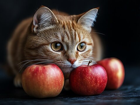 A curious ginger cat sits with three red apples in front of him, with a dark background behind him. - Powered by Adobe