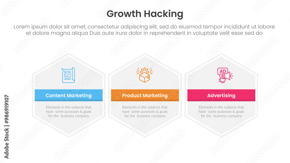 Poster growth hacking infographic 3 point with big hexagon hexagonal horizontal for slide presentation